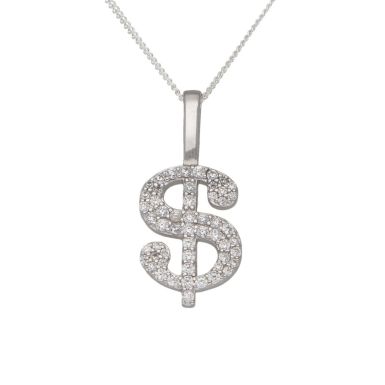New Sterling Silver Cubic Zirconia Dollar Pendant & 18" Necklace