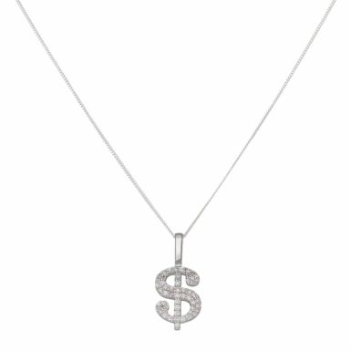 New Sterling Silver Cubic Zirconia Dollar Pendant & 18" Necklace