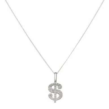 New Sterling Silver Cubic Zirconia Dollar Pendant & 18" Necklace