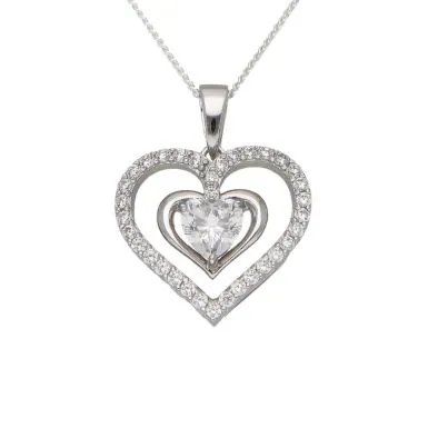 New Sterling Silver Cubic Zirconia Heart Pendant & 18" Necklace