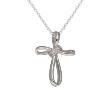 New Sterling Silver Cubic Zirconia Ribbon Cross & 18" Necklace