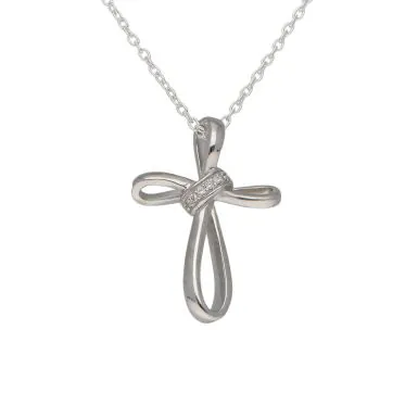 New Sterling Silver Cubic Zirconia Ribbon Cross & 18" Necklace