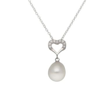 New Sterling Silver Cubic Zirconia Heart & Pearl Drop Necklace