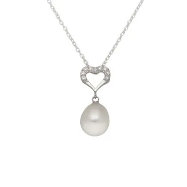 New Sterling Silver Cubic Zirconia Heart & Pearl Drop Necklace