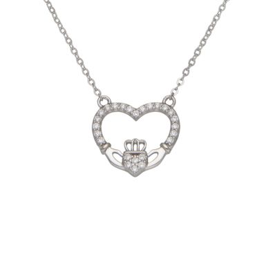 New Sterling Silver Cubic Zirconia Claddagh Heart Necklace