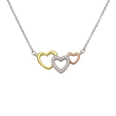 New Gold Plated Sterling Silver 3 Colour Triple Heart Necklace