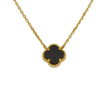New Gold Plated Silver 17" Onyx Clover Petal Necklace