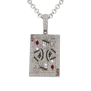 New Sterling Silver Gemstone Set King Playing Card & 24" Chain