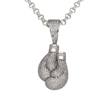 New Sterling Silver Cubic Zirconia Boxing Gloves & 24" Chain