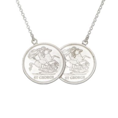 New Sterling Silver George & Dragon Double Coin Style Necklace