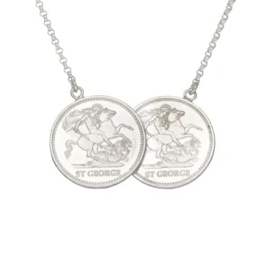 New Sterling Silver George & Dragon Double Coin Style Necklace