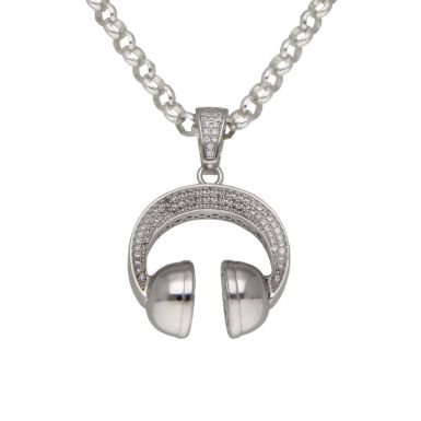 New Sterling Silver Cubic Zirconia HeadPhones Pendant & Necklace
