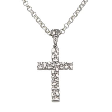 New Sterling Silver Cubic Zirconia Nugget Texture Cross Necklace