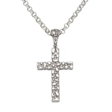 New Sterling Silver Cubic Zirconia Nugget Texture Cross Necklace