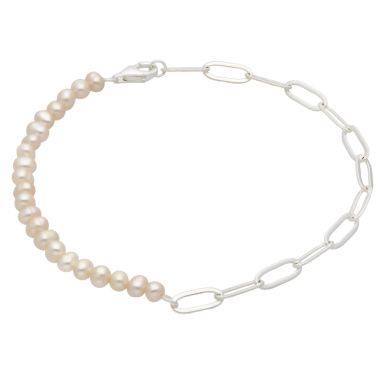 New Sterling Silver Freshwater Pearl & Paper Link 7.5" Bracelet