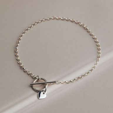 New Sterling Silver 7.5" Heart & T-Bar Lariat Bracelet