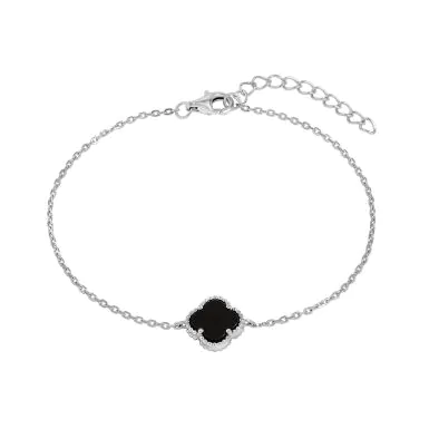 New Sterling Silver Onyx Clover Petal Bracelet
