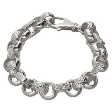 New Sterling Silver 9" Cubic Zirconia Figaro Belcher Bracelet