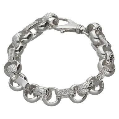 New Sterling Silver 9" Cubic Zirconia Figaro Belcher Bracelet