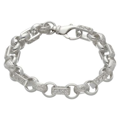 New Sterling Silver 7.5" Cubic Zirconia Figaro Belcher Bracelet