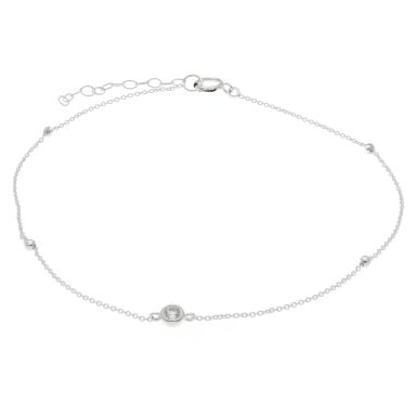 New Sterling Silver 10" Cubic Zirconia Set Beaded Station Anklet