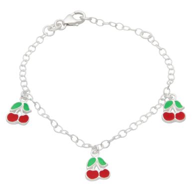 New Sterling Silver & Enamel Cherries Childs Charm Bracelet