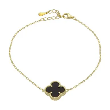 New Gold Plated Silver Onyx Clover Petal Bracelet