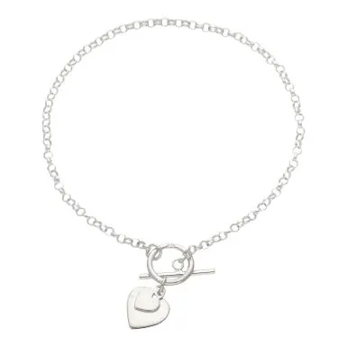 New Sterling Silver 7.5" Heart & T-Bar Lariat Bracelet