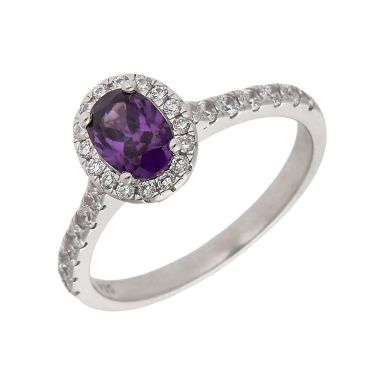 New Sterling Silver Purple & White Cubic Zirconia Oval Halo Ring