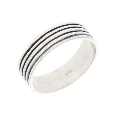 New Sterling Silver Black 7mm Wide Lined Band Ring