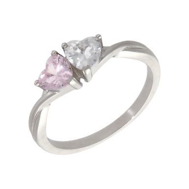 New Sterling Silver Pink & Clear Cubic Zirconia Hearts Ring