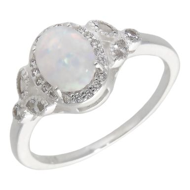 New Sterling Silver Synthetic Opal & Cubic Zirconia Cluster Ring