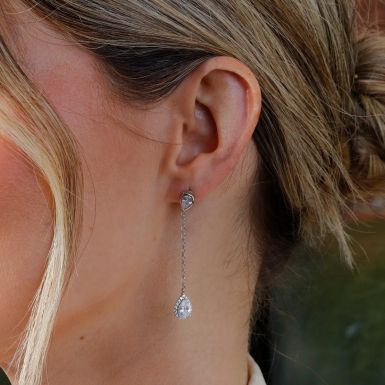 New Sterling Silver Cubic Zirconia Pear Halo Chain Drop Earrings
