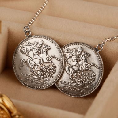 New Sterling Silver George & Dragon Double Coin Necklace