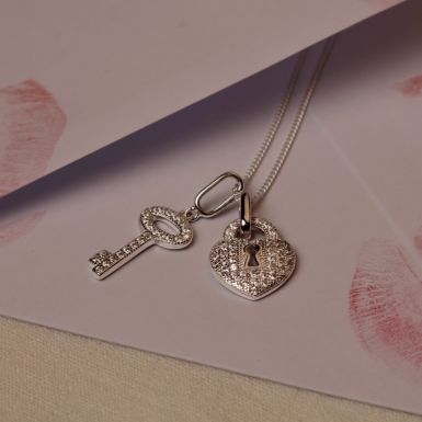 New Sterling Silver Cubic Zirconia Key To Heart Padlock Necklace