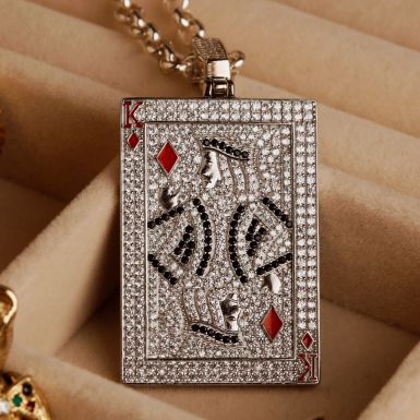 New Sterling Silver Gemstone Set King Playing Card & 24" Chain