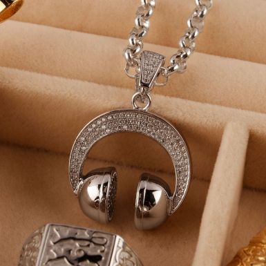 New Sterling Silver Cubic Zirconia HeadPhones Pendant & Necklace