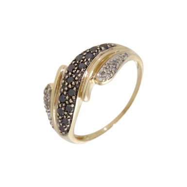 Pre-Owned 9ct Yellow Gold Black & White Diamond Wave Ring