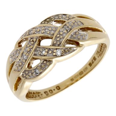 Pre-Owned 9ct Yellow Gold 0.05ct Diamond Set Weave Dress Ring