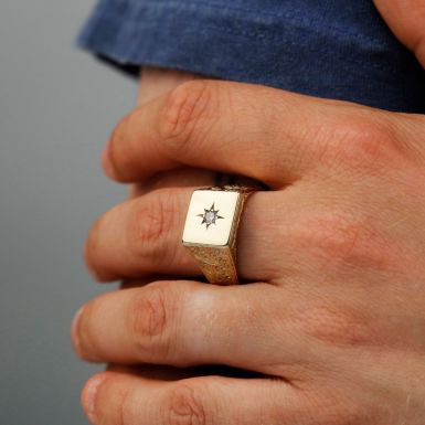 Pre-Owned 9ct Gold Diamond Set Engraved Shoulder Signet Ring