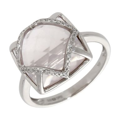 Pre-Owned 9ct White Gold Rose Quartz & Diamond Dress Ring