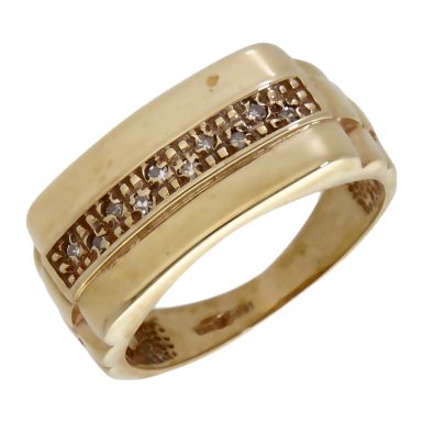 Pre-Owned 9ct Yellow Gold Diamond Set Lined Centre Signet Ring