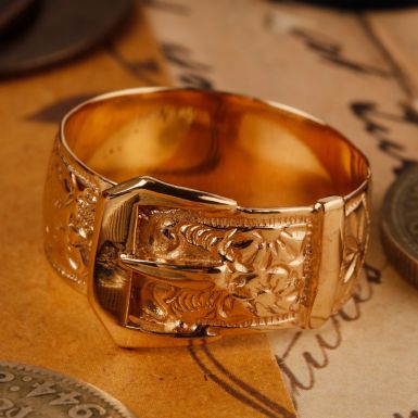 Pre-Owned Vintage 1978 9ct Yellow Gold Floral Buckle Ring