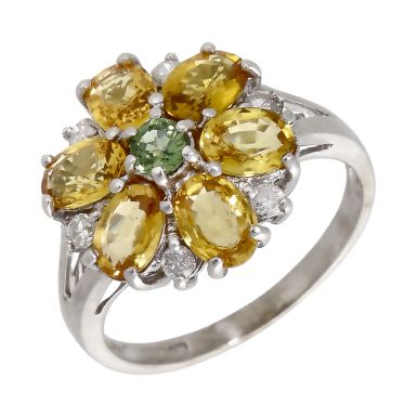 Pre-Owned 9ct White Gold Green & Yellow Sapphire Cluster Ring