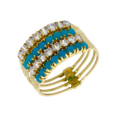 Pre-Owned 14ct Turquoise & Cubic Zirconia Multi Row Dress Ring