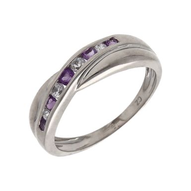 Pre-Owned 9ct Gold Amethyst & Cubic Zirconia Crossover Wave Ring