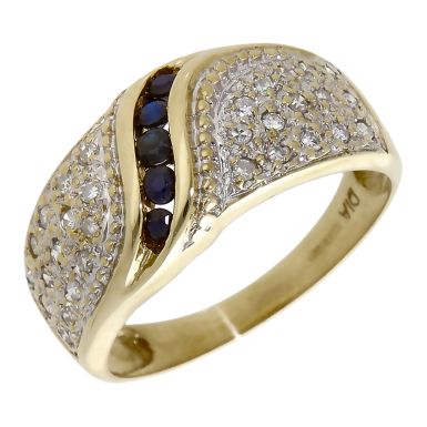Pre-Owned 9ct Yellow Gold Sapphire & Diamond Wave Band Ring