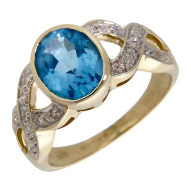 Pre-Owned 9ct Yellow Gold Blue Topaz & Diamond Dress Ring