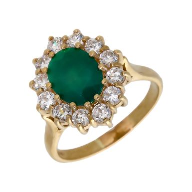 Pre-Owned 9ct Gold Green Agate & Cubic Zirconia Cluster Ring