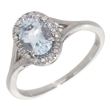 Pre-Owned 9ct White Gold Blue Topaz & Diamond Oval Halo Ring
